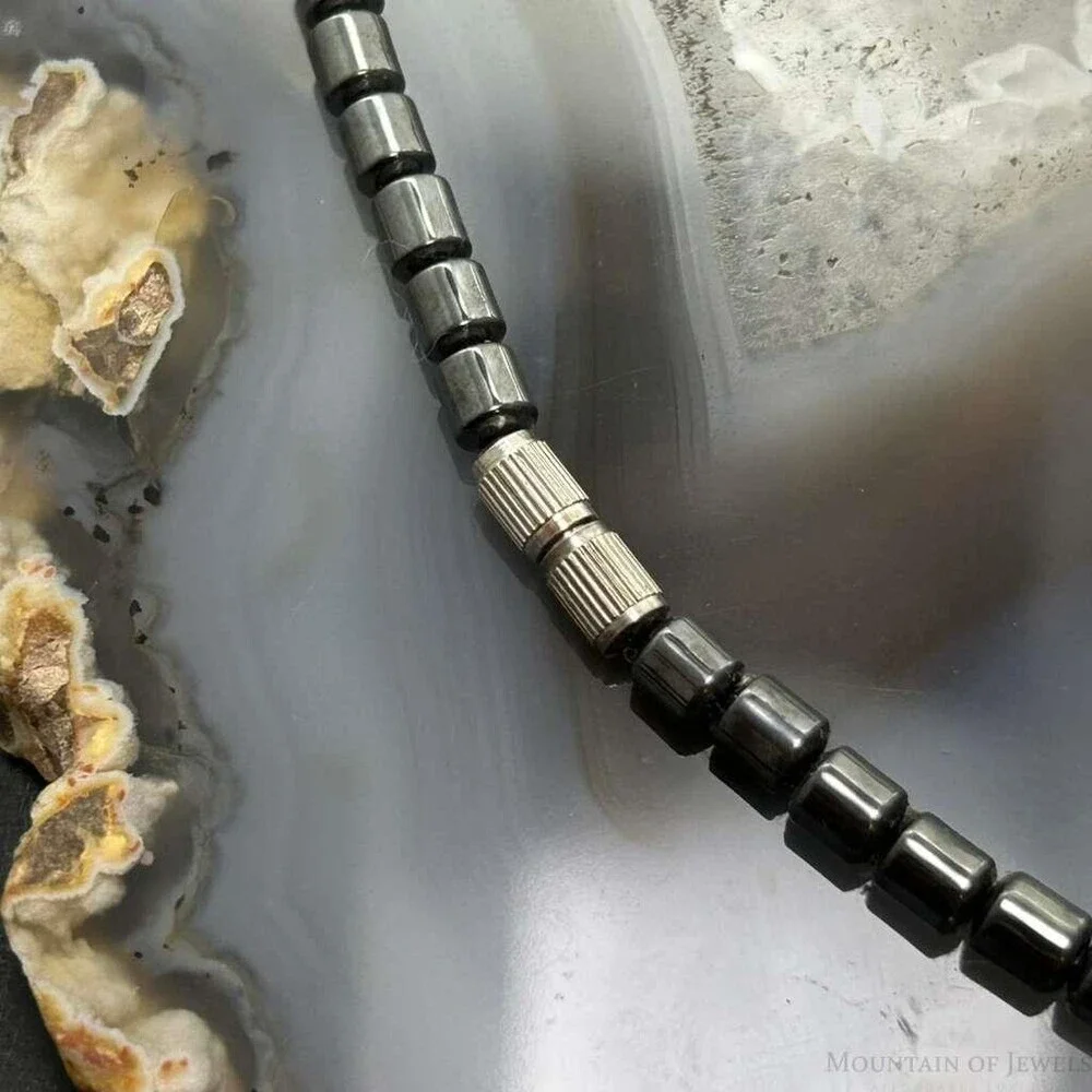 Hematite Beads with Hematite Fang Pendant Unisex 16